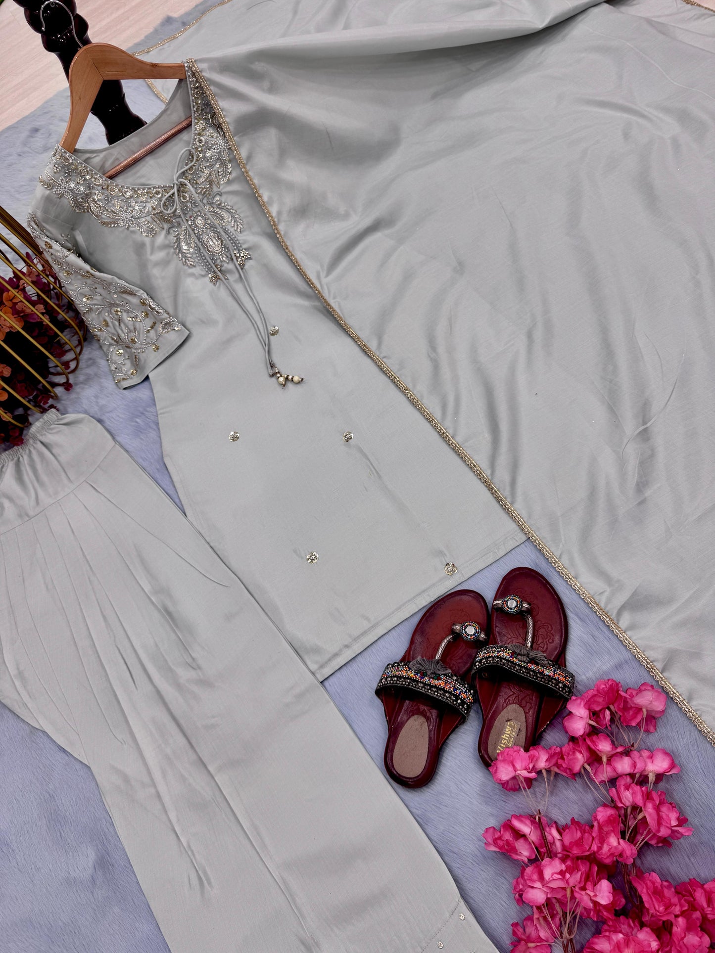 Party Wear Look Pur Natural Crepe Top & Farshi Palazzo With Dupatta Set
