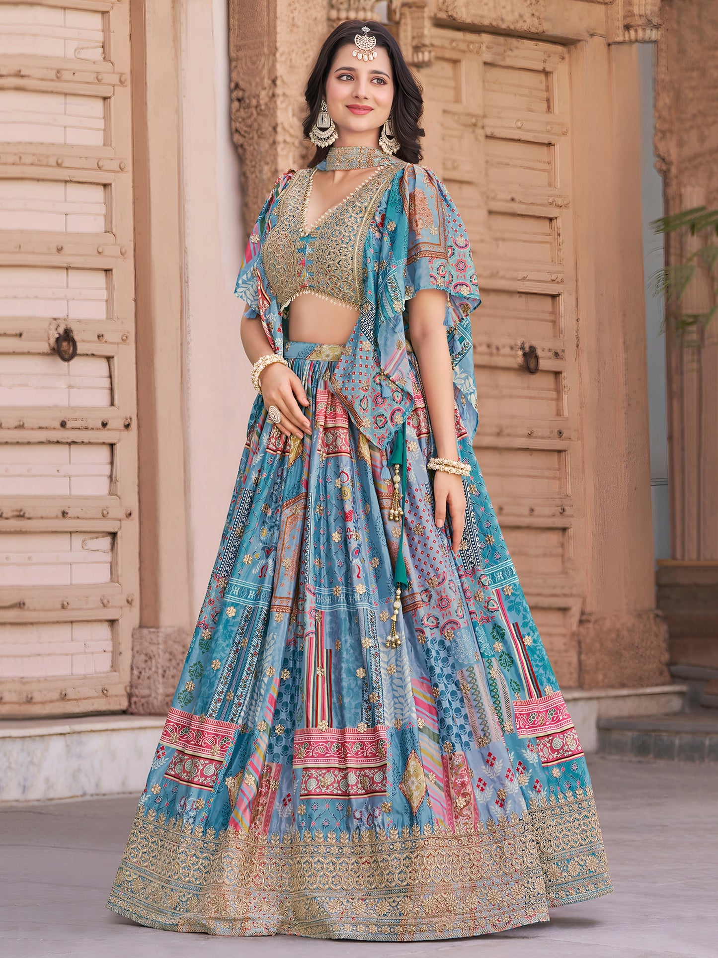 Sky Blue Color Beautiful Lehenga Choli in Chinon Silk Fabric