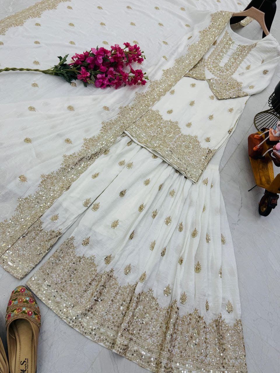 White Color Beautiful Sharara Suit in Silk Color