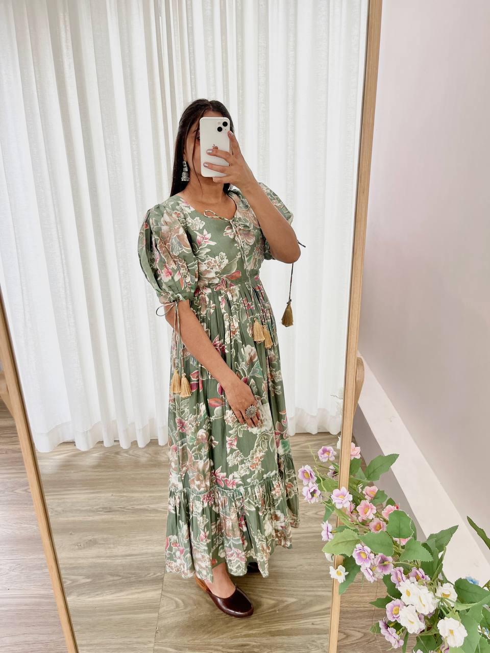 Party Wear LooK Roman Silk Mill Print With Foil Gown