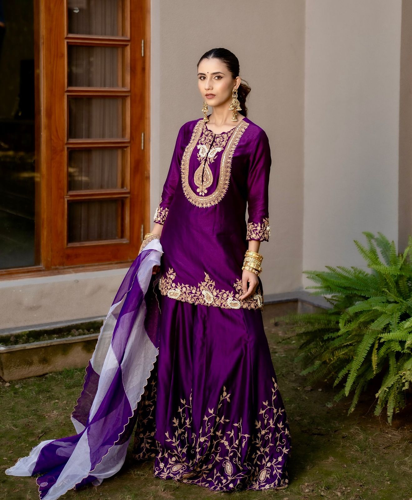 Purple Color Partywear Sharara Suit in chinon silk fabric