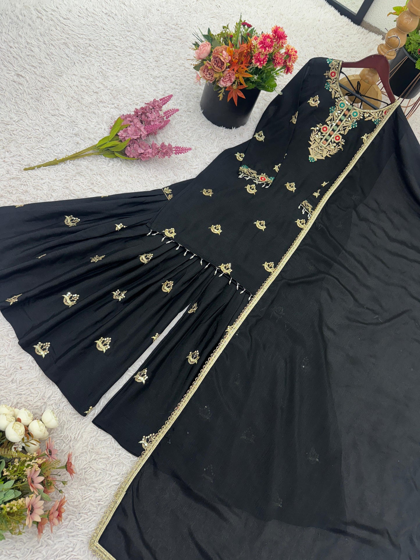 Party Wear Look Top-Sharara And Dupatta With Heavy Embroidery Sequence Work in black color