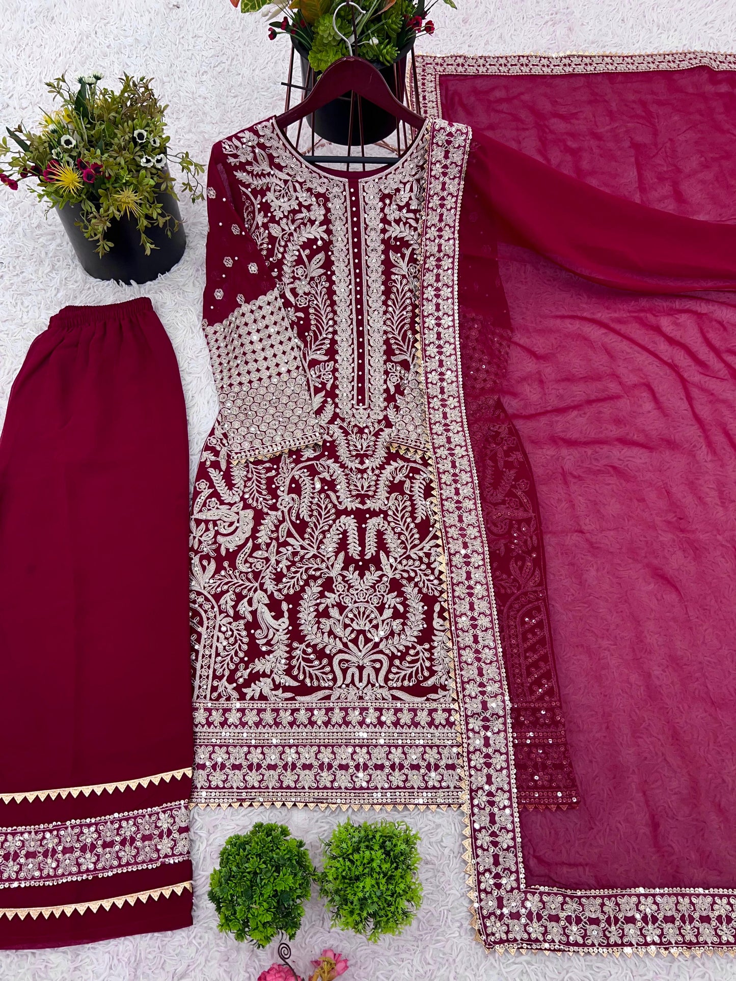 party wear look top-plazzo and dupatta with heavy embroidery work