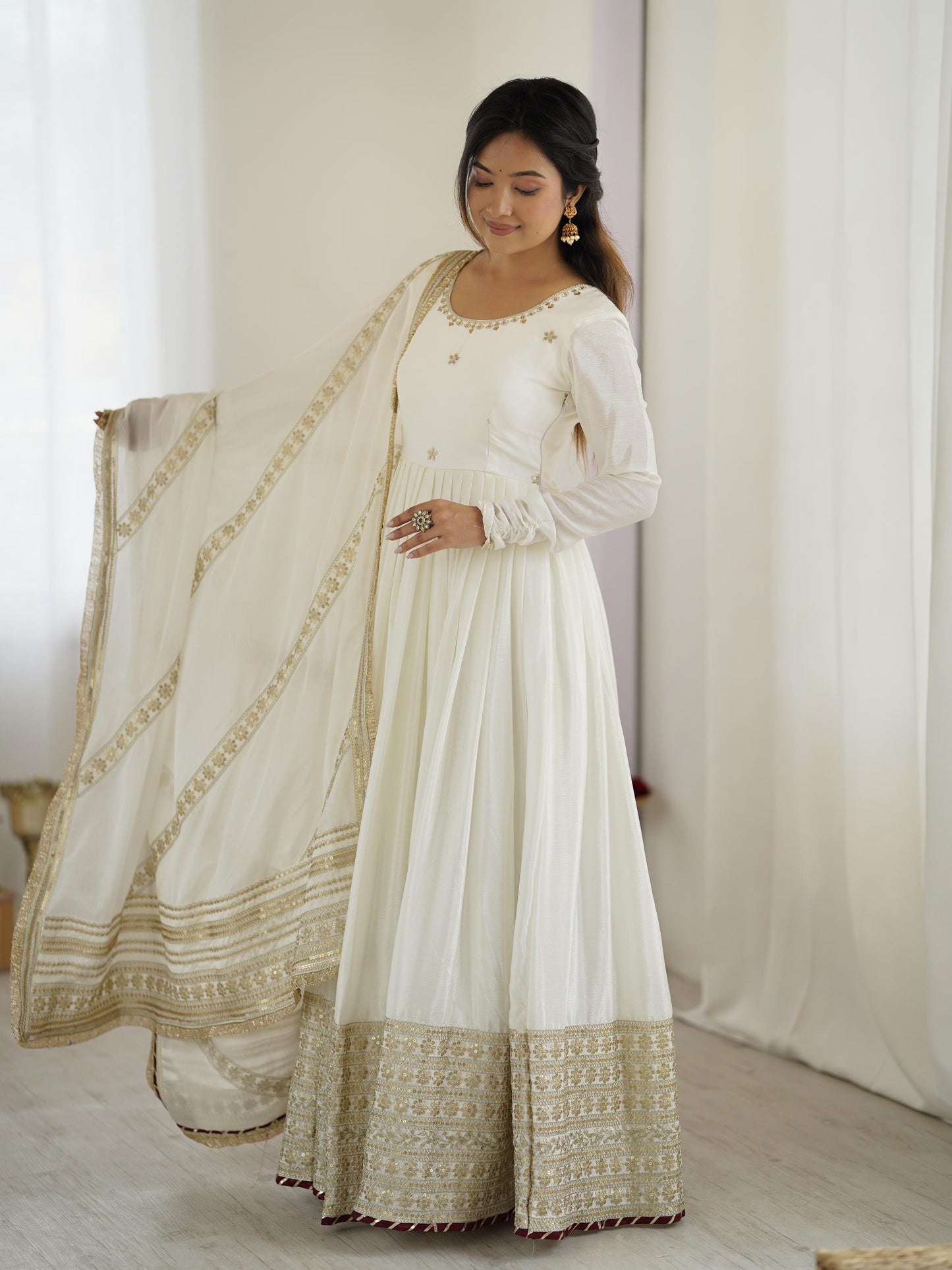 White Color Beautiful Gown in Chinon Silk Fabric