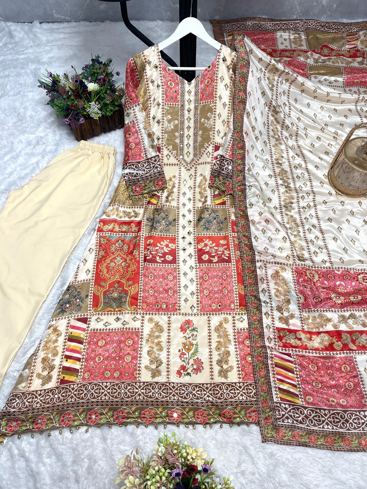 multi color beautiful partywear dress in chinon silk