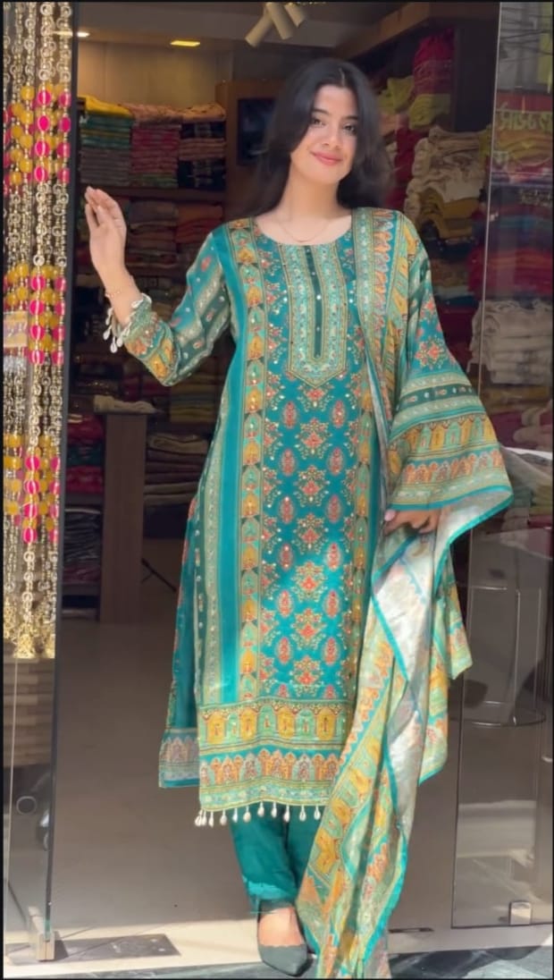 Trending Top With Printed Work With Mirror Work With Top Bottom And Dupatta Set