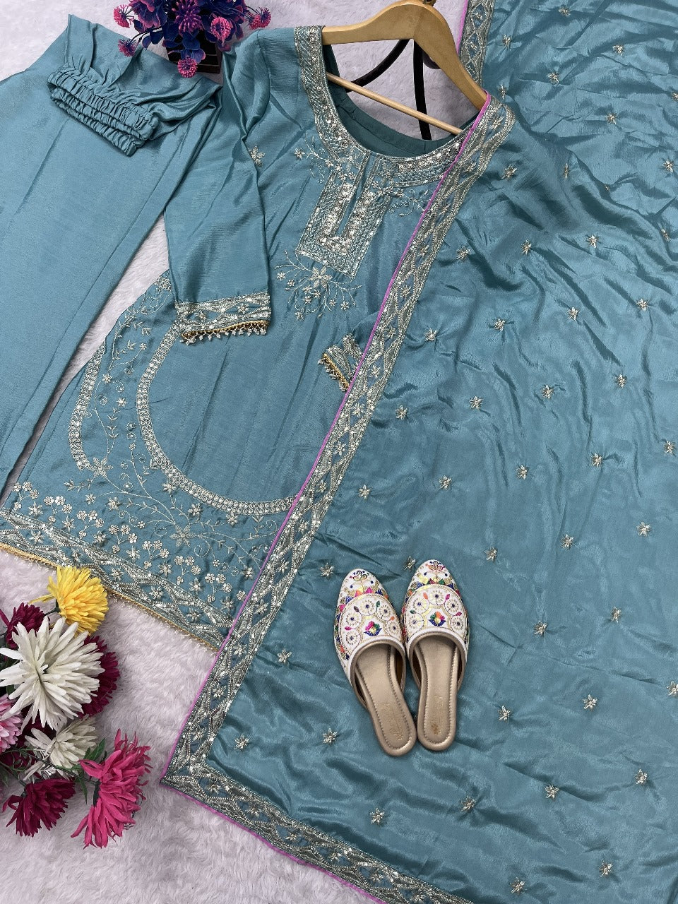 SKy BLue Color Partywear Dress in Chinon Silk Fabric