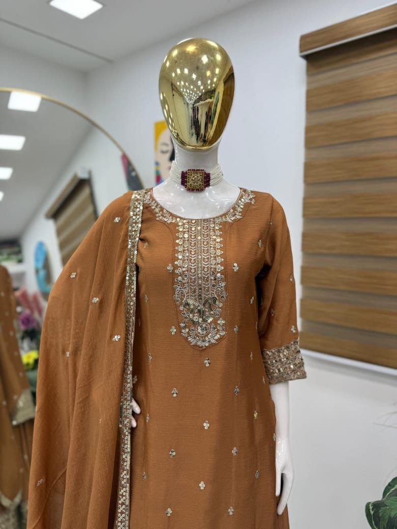 Designer Party Top Pallazo & Dupatta Set in brown color