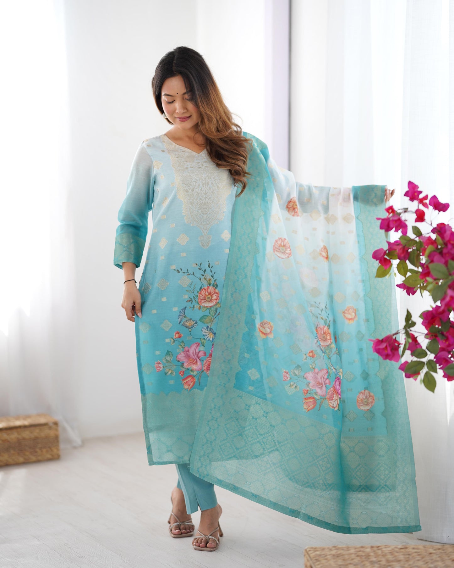 White and Sky blue Color Beautiful Chanderi Silk FAbric Dress