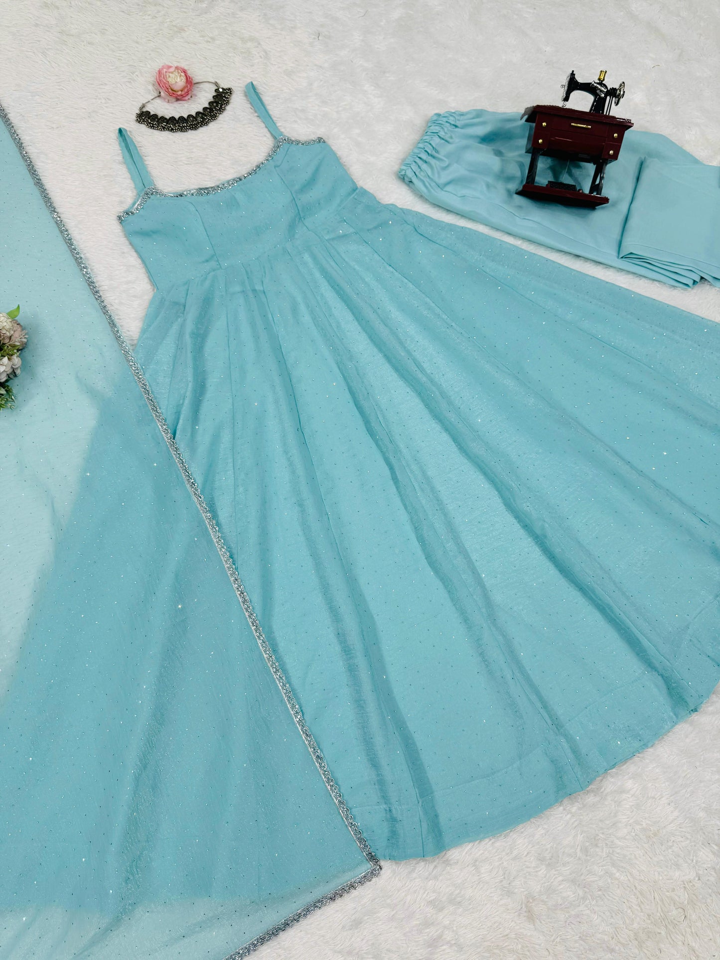 Sky BLue Color Beautiful Gown in Crush Silk Fabric