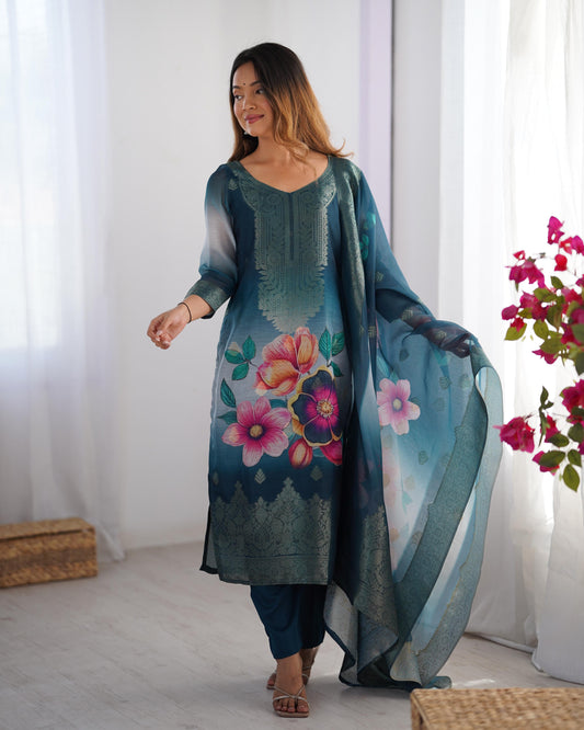 Blue Color Beautiful Chanderi Silk FAbric Dress