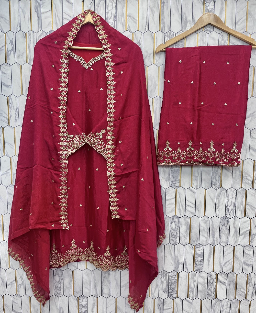 Red Color Festival Wear Dress in Chinon Silk Fabric
