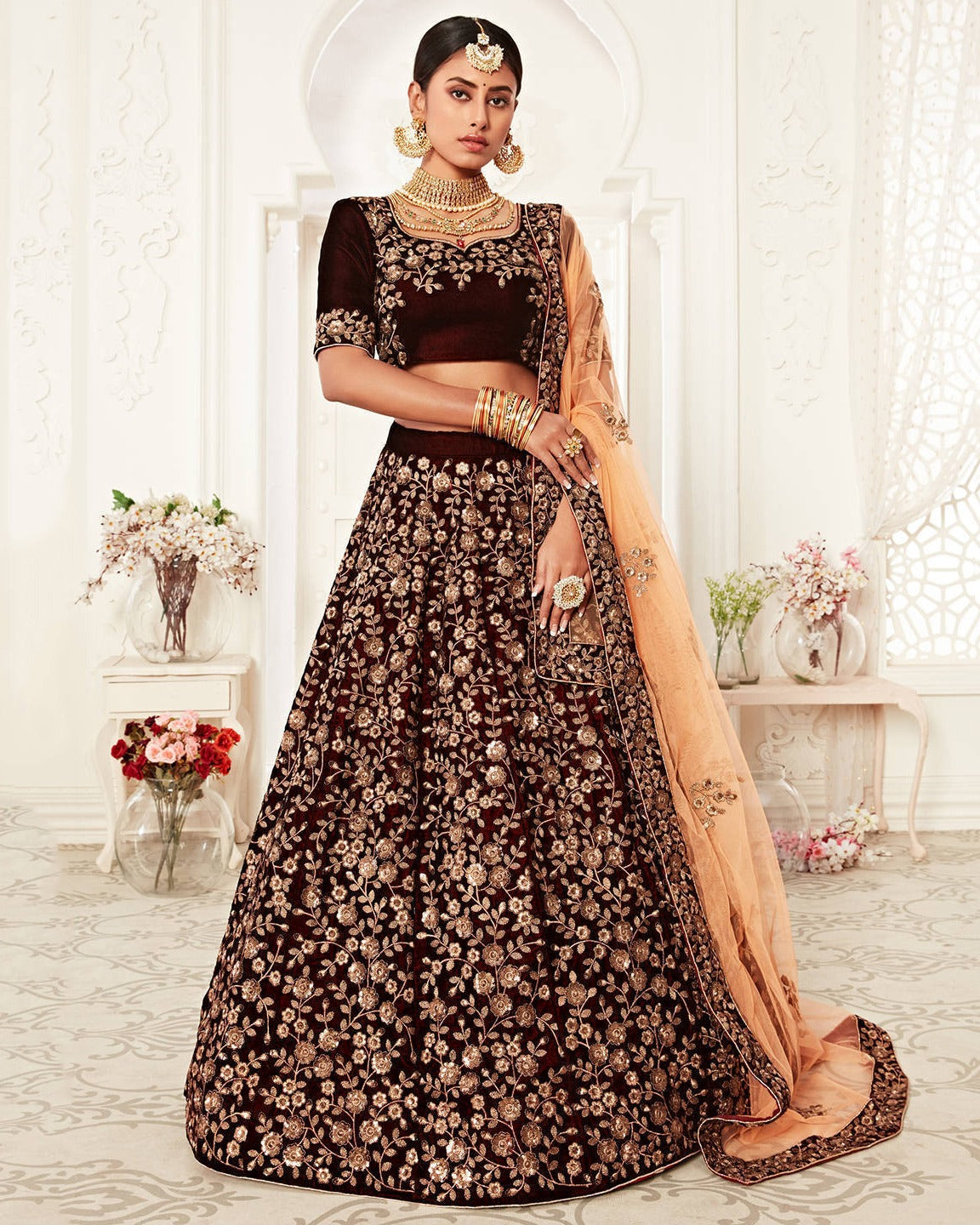 Majestic Maroon Velvet Lehenga