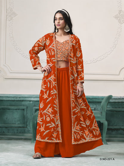 Orange Color Beautiful Partywear Top BLouse Plazo in Georgette Fabric