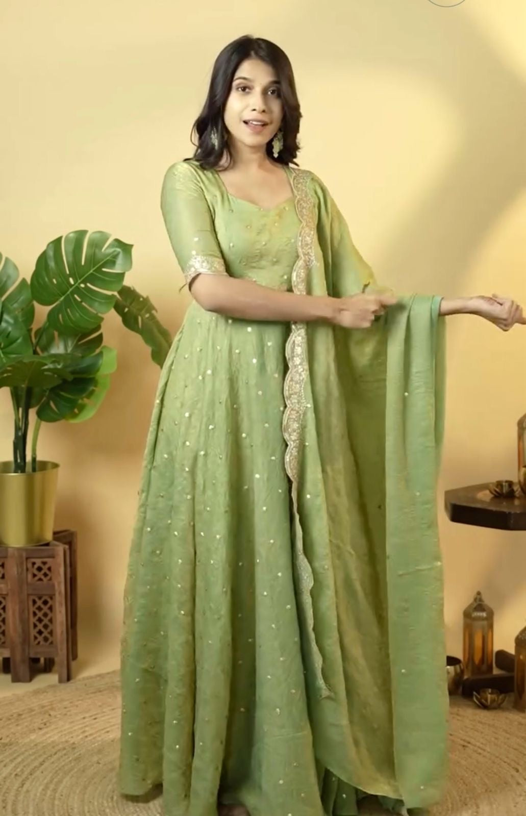 Green Color Beautiful Crush Silk Gown