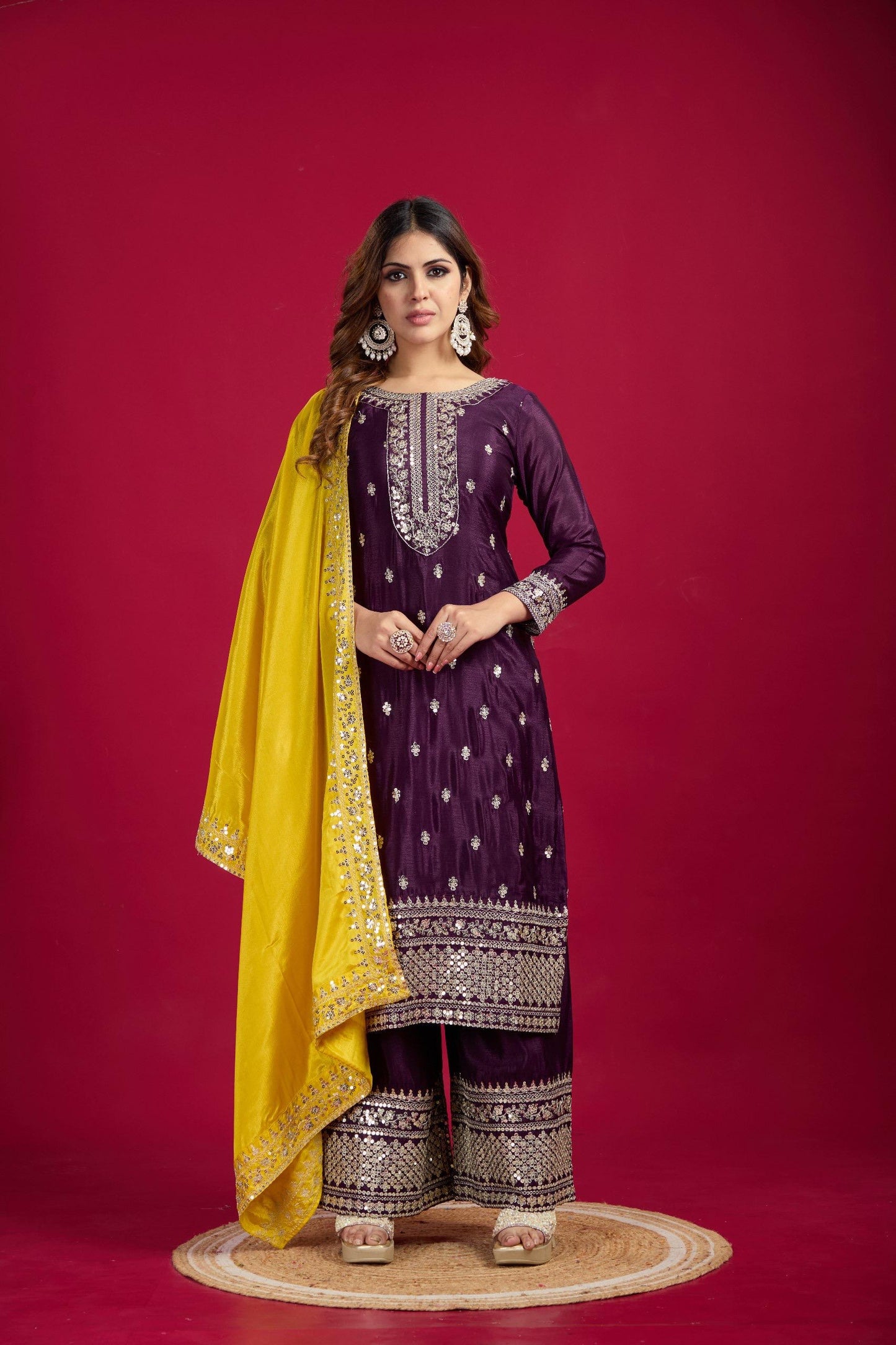 Maroon Color Beautiful Partywear Suit In chinon Fabric