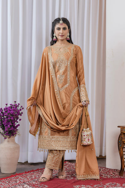 Orange Color Beautiful Partywear Chinon fabric Suit