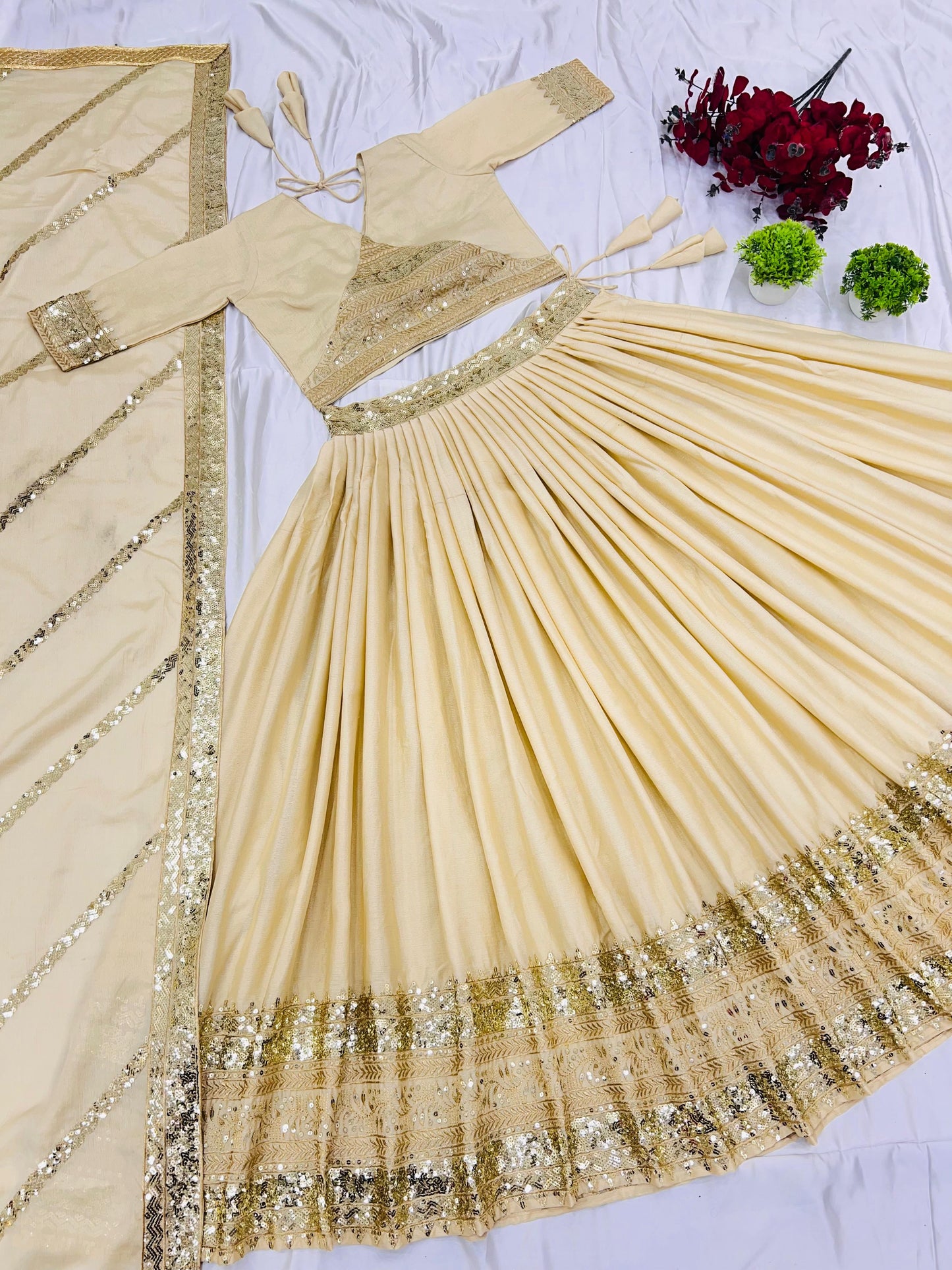 White Cream Color Chinon Fabric Lehenga Choli for small function