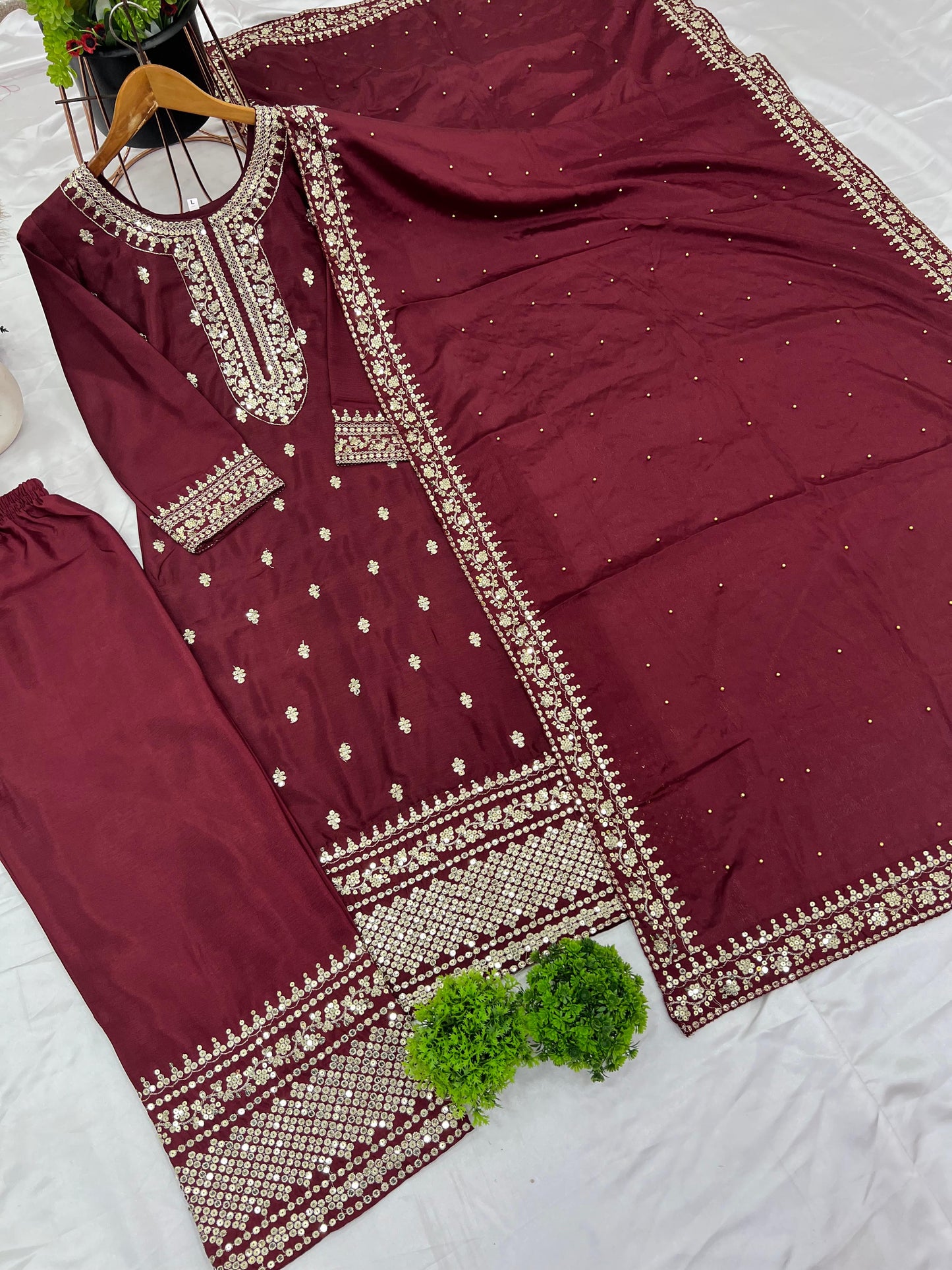 Chinnon And Heavy Embroidery Sequence Work Top-Bottom And Dupatta Set