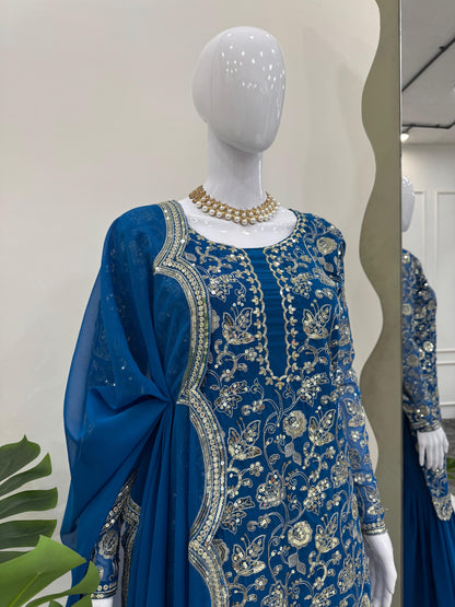 Blue Color Beautiful Sharara Suit For Wedding Function in Georgette Fabric