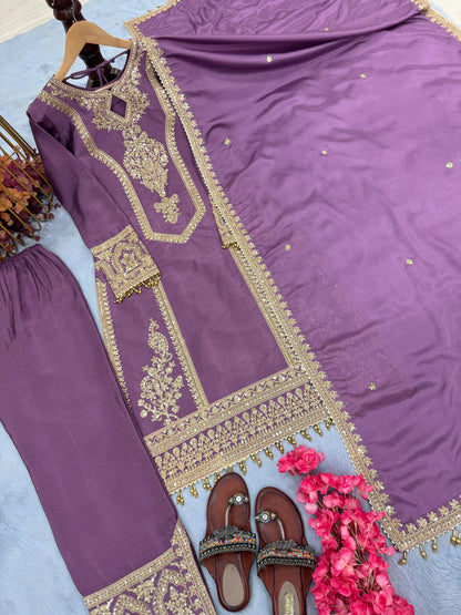 Purple Color Beautiful Partywear Chinon fabric Suit