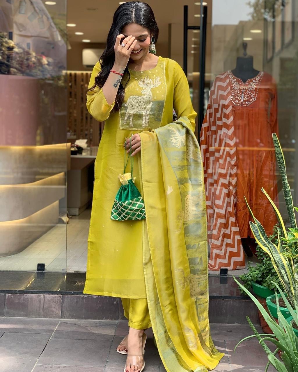 Yellow Color Beautiful Office Wear Silk Suit