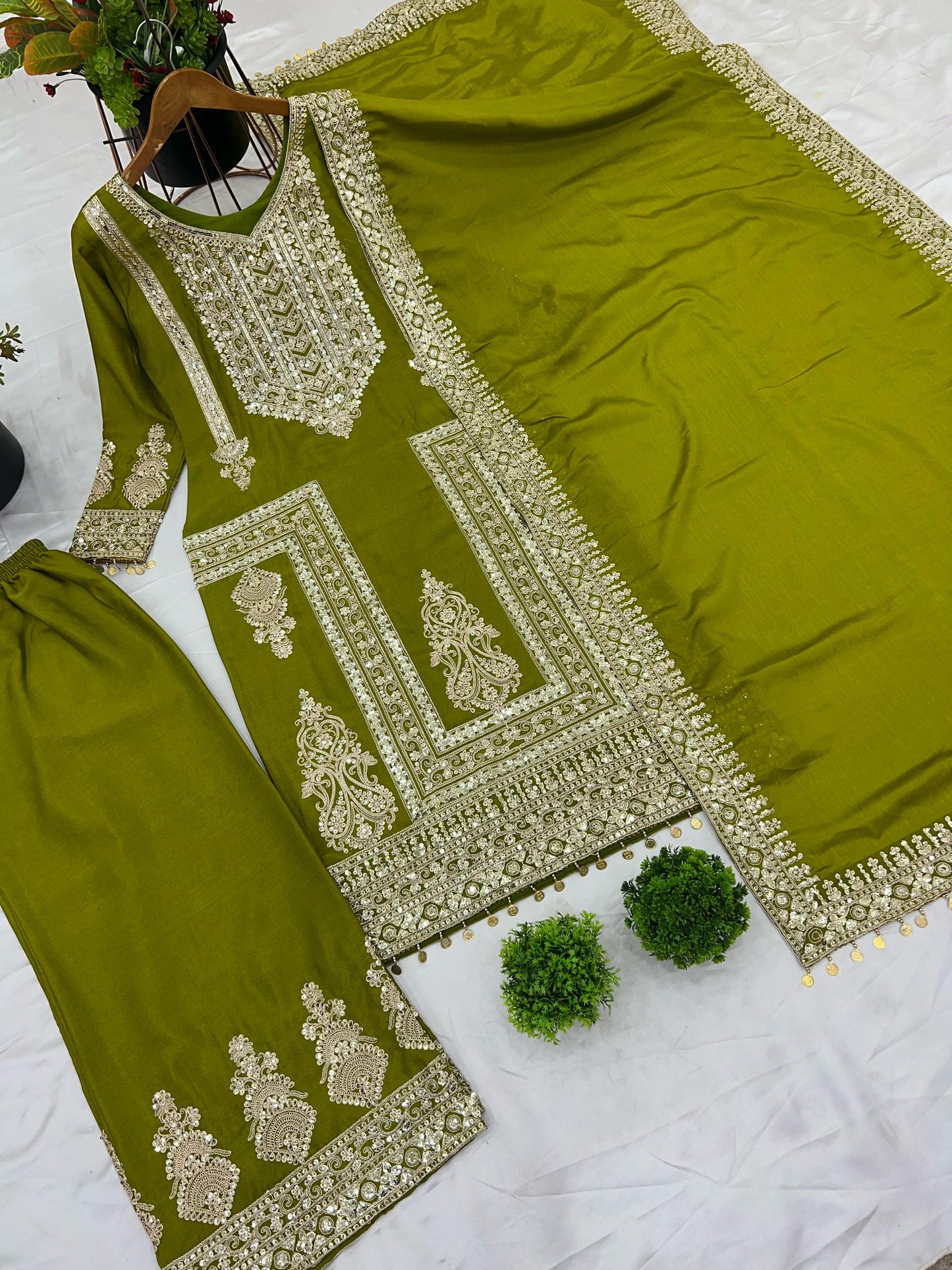 Green Color Beautiful Partywear Dress in Chinon Fabric