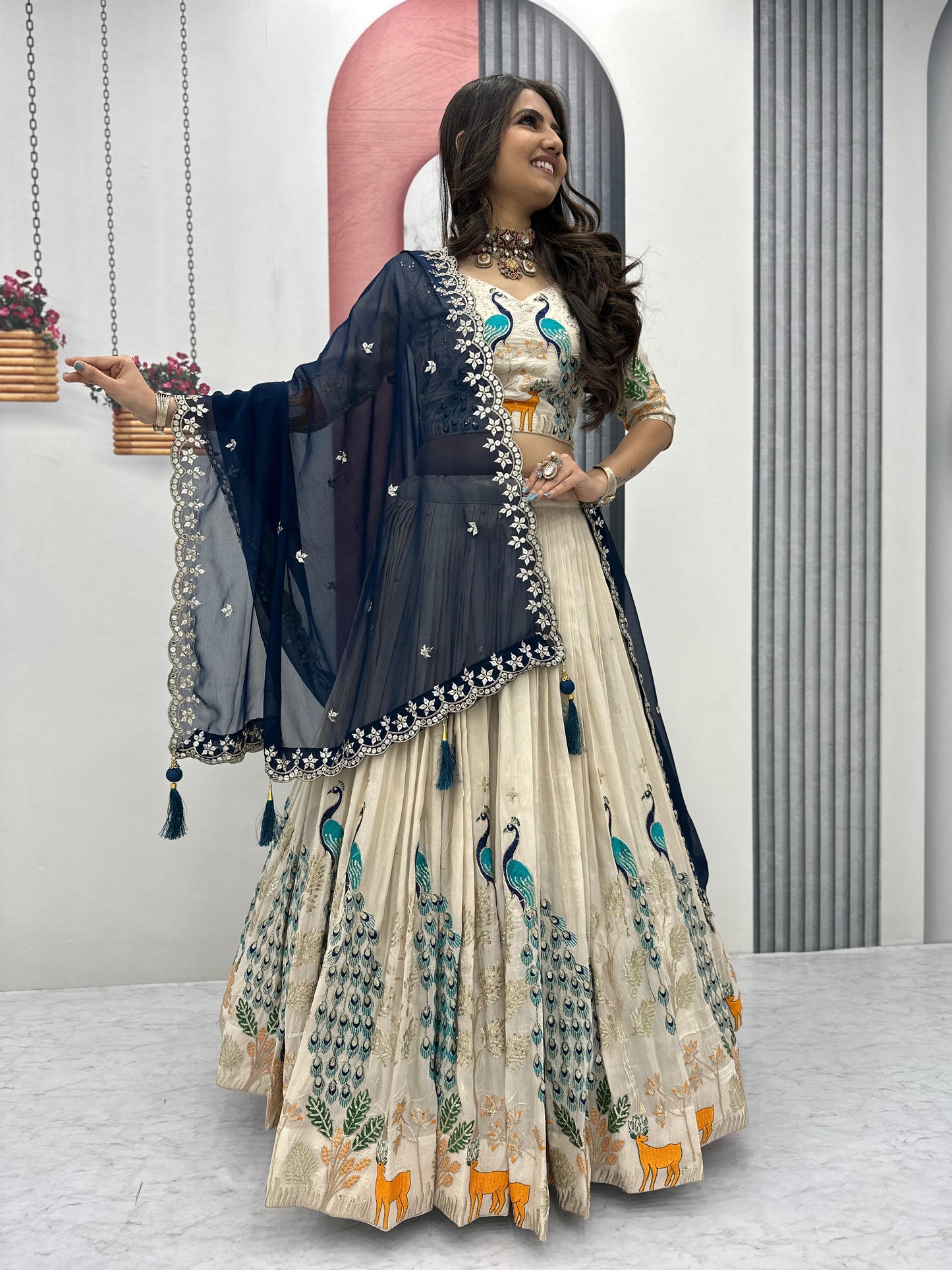 Wedding Wear Lehenga Choli With Cancan In White Cream Color with blue dupatta