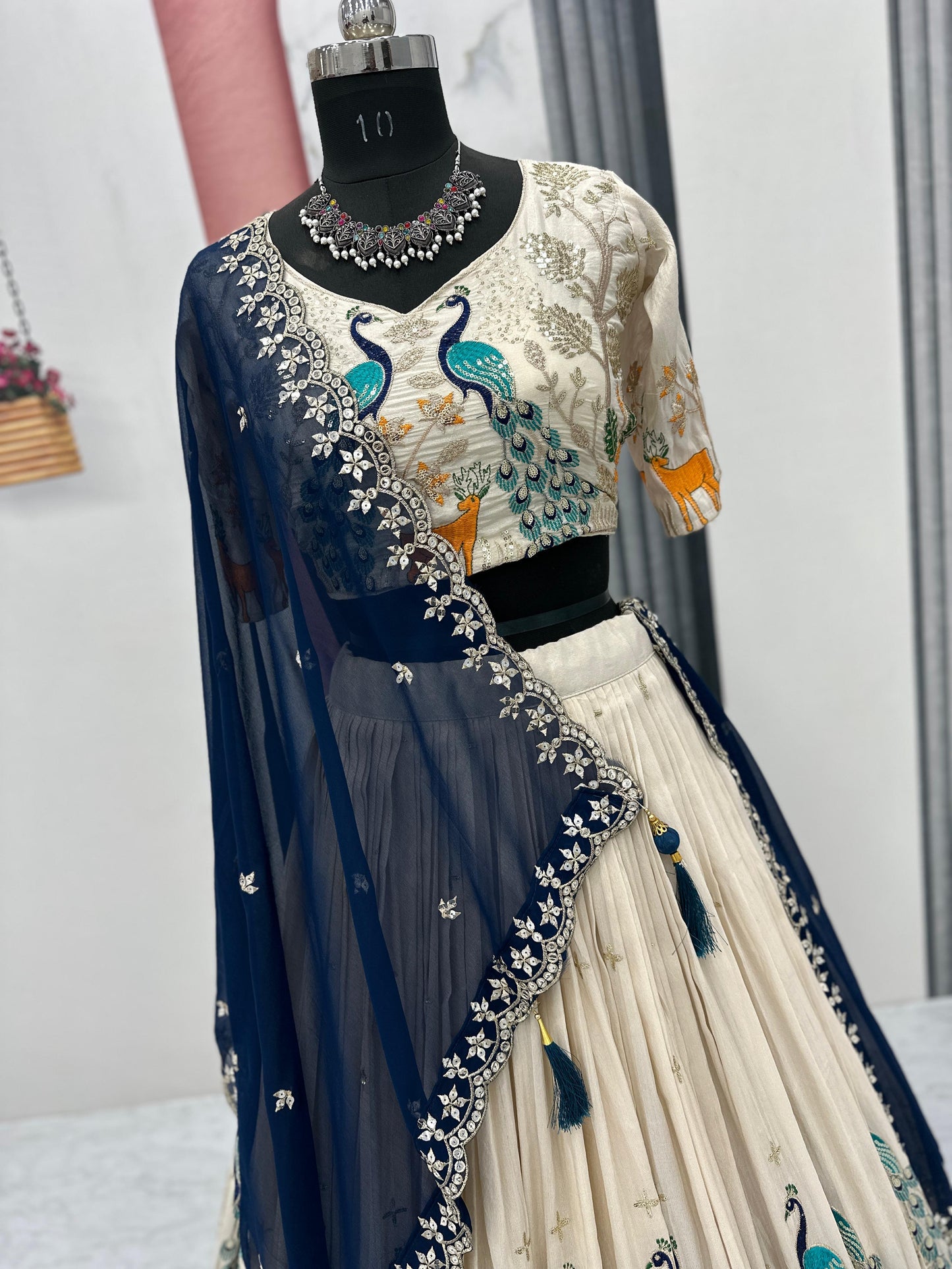 Wedding Wear Lehenga Choli With Cancan In White Cream Color with blue dupatta