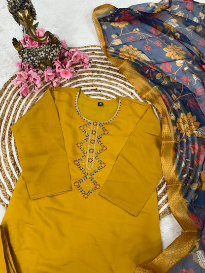 Yellow Color Beautiful Daily Wear Kurti Pent Set with Dupatta