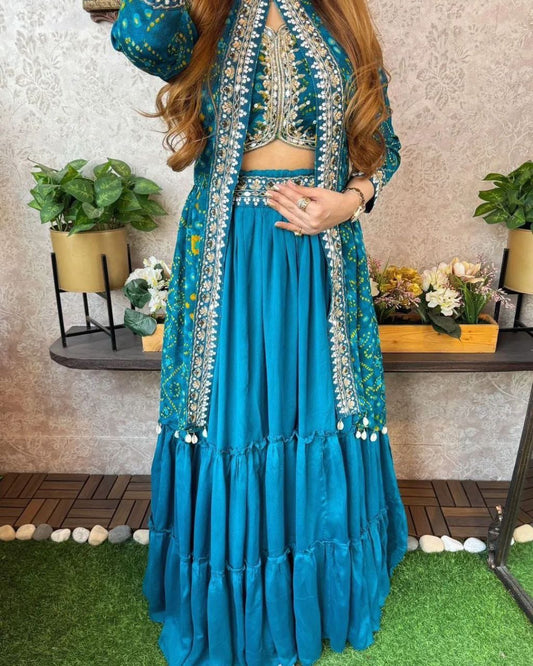 Trending Party Wear Shrug Lehenga In Sky Blue Color in Gerogette Fabric