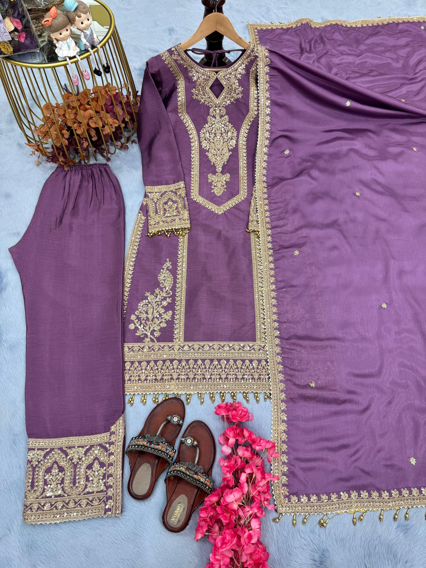 Purple Color Beautiful Partywear Chinon fabric Suit