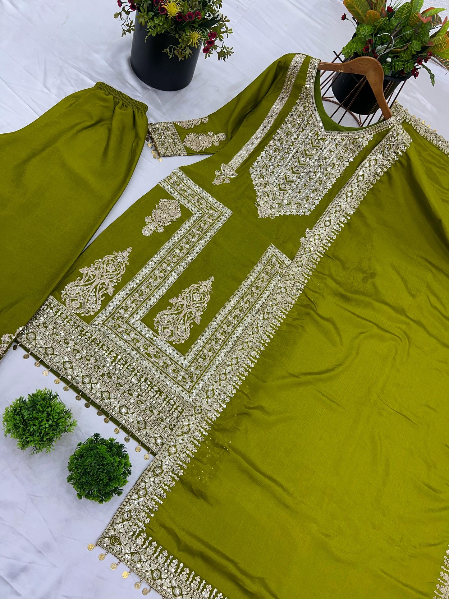 Green Color Beautiful Partywear Dress in Chinon Fabric