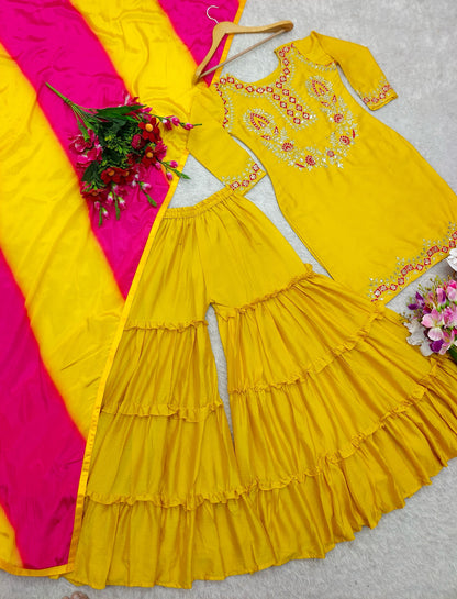 Chinon Fabric Fancy Sharara Suit in yellow color