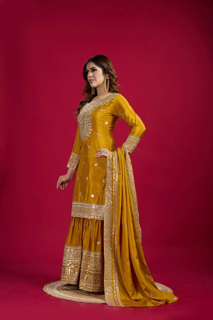 Yellow Color Chinon Silk Fabric Suit