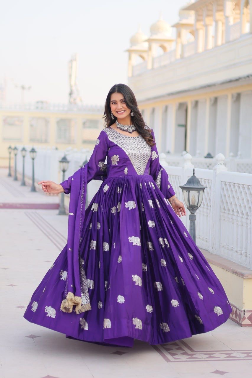 Purple Color Beautiful Anarkali Gown In Gerogette Fabric