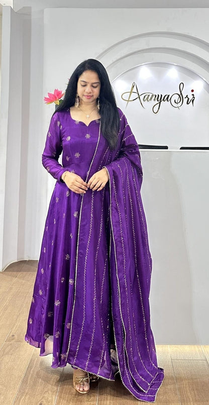 Beautiful Anarkali Gown in Chinon Fabric For Daily Wear Use in Purple Color