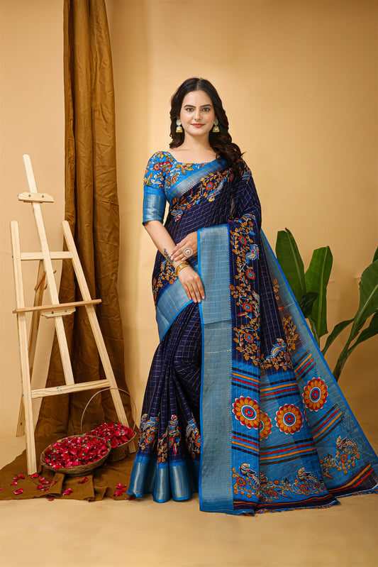 Blue Color Cotton Silk Fabric Kalamkari Kanjivaram Saree