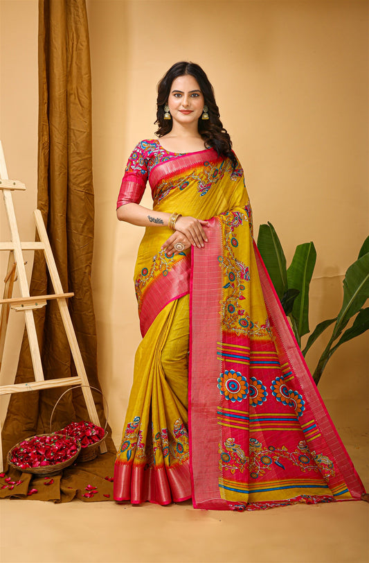 Musturd Color Cotton Silk Fabric with Kalamkari print with Kanjivaram Saree