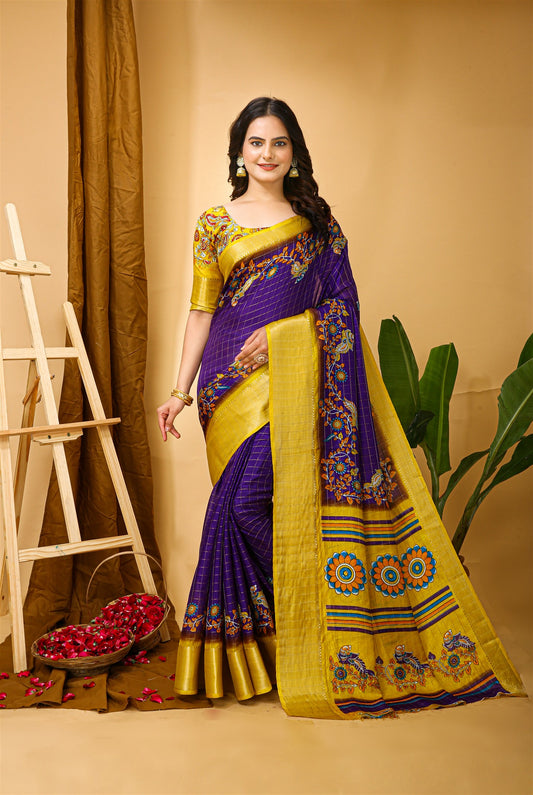 Purple Color Cotton Silk Fabric Kalamkari print Kanjivaram Saree