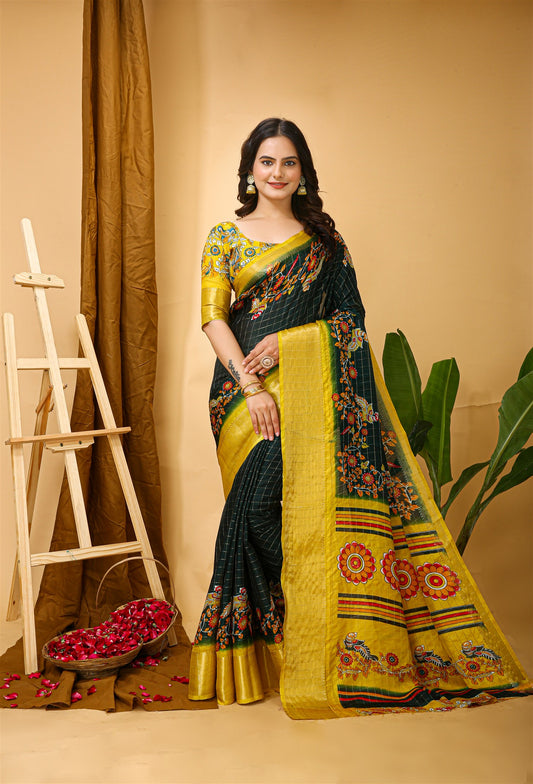Dark Green Color Cotton Silk Fabric Kalamkari print Kanjivaram Saree