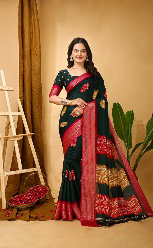 Dark Green Color Soft Blooming Marshmallow Fabric Kalamkari print Kanjivaram Saree