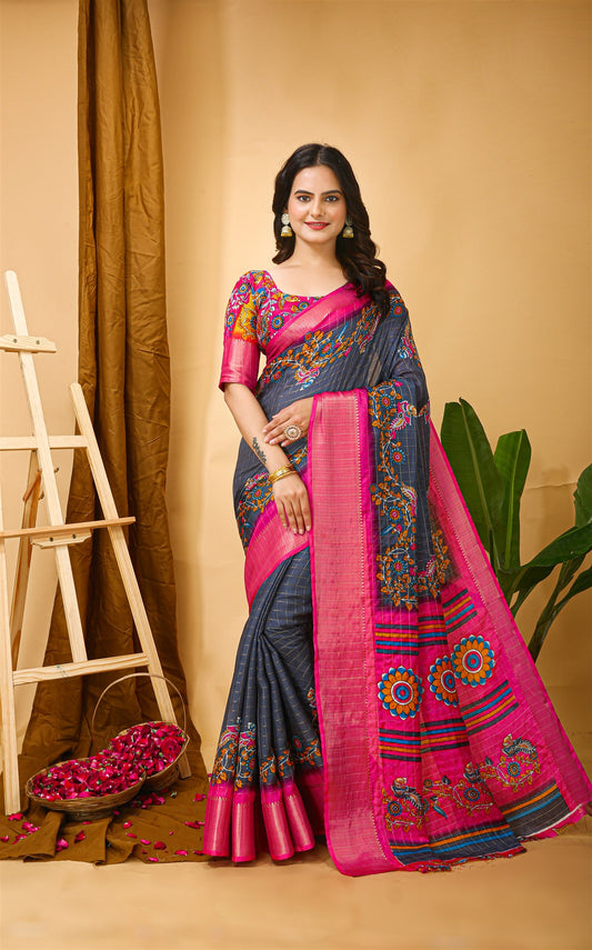 Grey Color Cotton Silk Fabric Kalamkari print Kanjivaram Saree