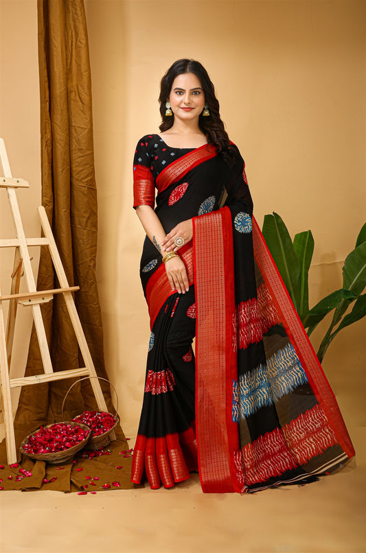 Black Color Soft Blooming Marshmallow Fabric Kalamkari print Kanjivaram Saree