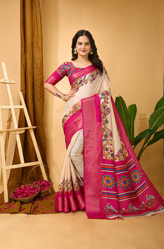 White Cream Color Cotton Silk Fabric Kalamkari print Kanjivaram Saree