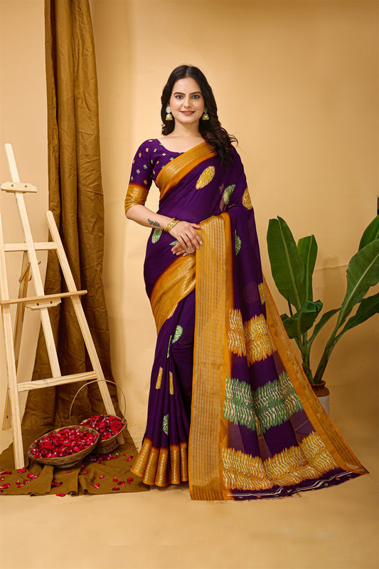 Purple Color Soft Blooming Marshmallow Fabric Kalamkari print Kanjivaram Saree
