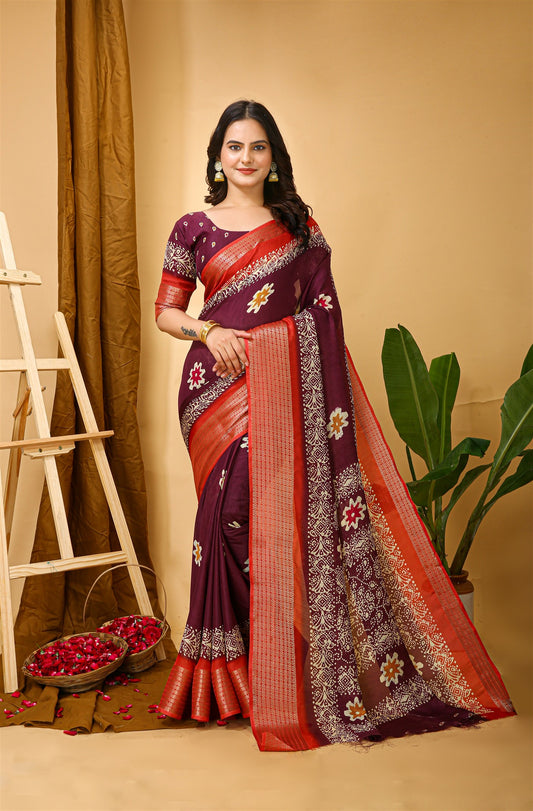 Maroon Color Soft Blooming Marshmallow Fabric Kalamkari print Kanjivaram Saree