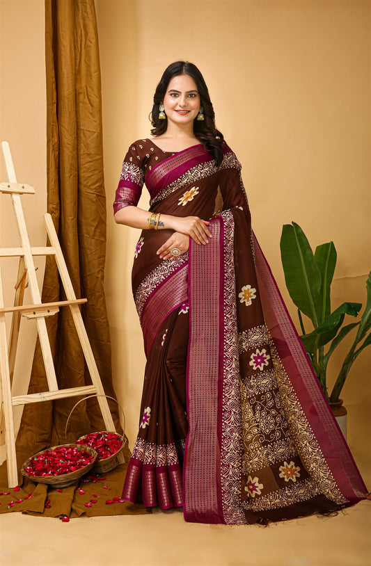 Brown Color Soft Blooming Marshmallow Fabric Kalamkari print Kanjivaram Saree