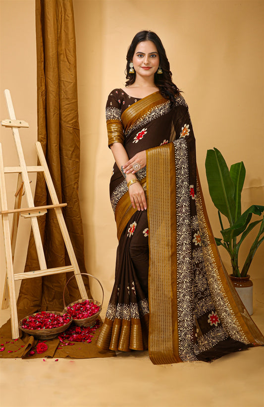 Coffee Color Soft Blooming Marshmallow Fabric Kalamkari print Kanjivaram Saree