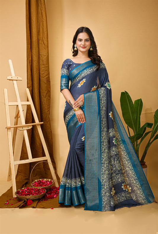 Blue Color Soft Blooming Marshmallow Fabric Kalamkari print Kanjivaram Saree
